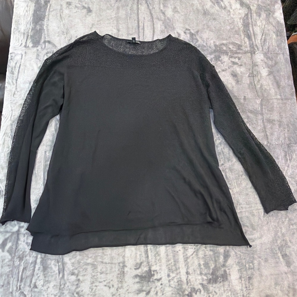 Eileen Fisher Mesh Yoke Top Womens Black Italian Yarn Long Sleeve XL